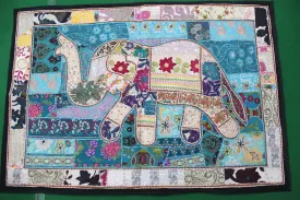 Indian Wall Hanging Embroidered Elephant Tapestry Blue White