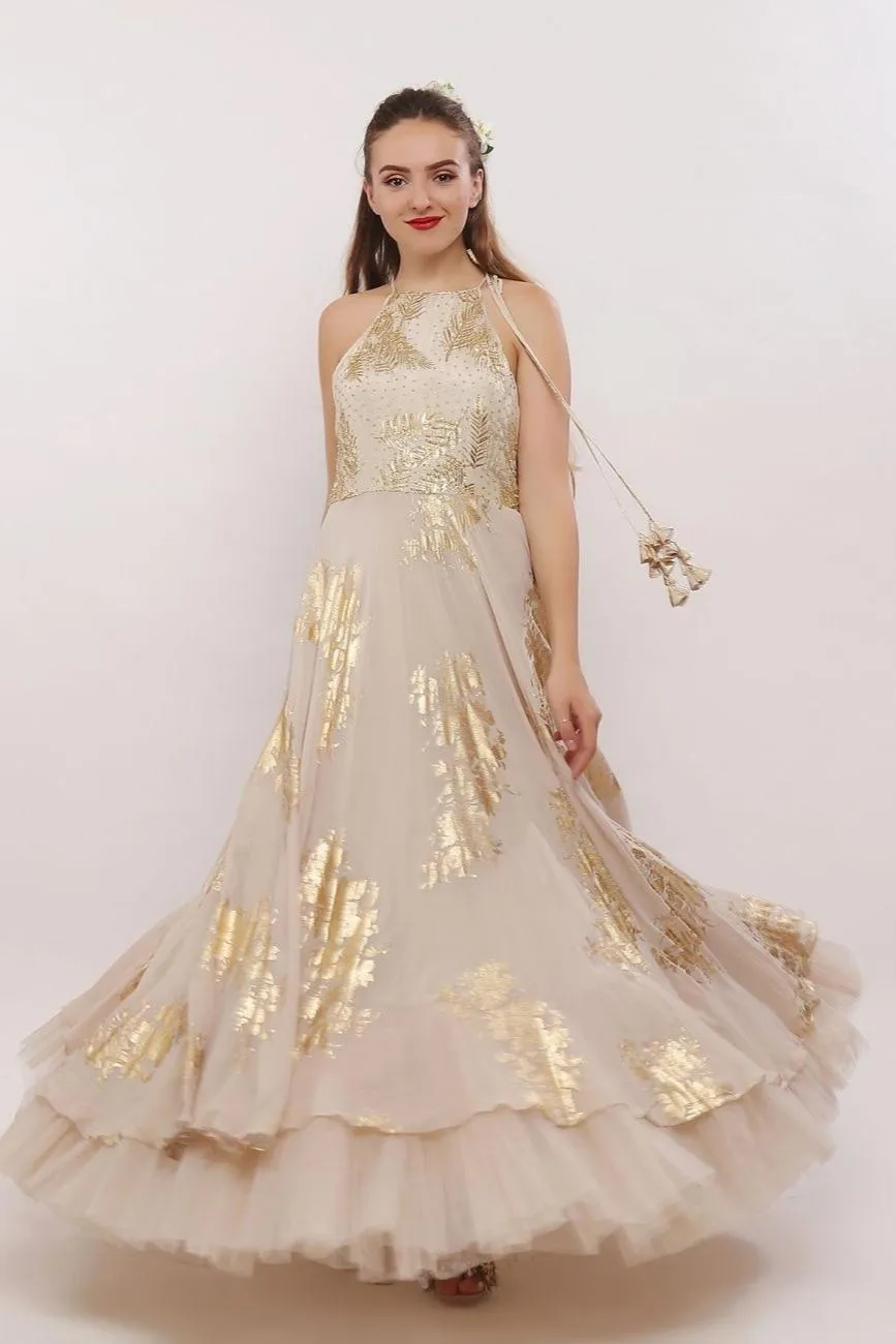 Ivory-Gold Leaf Motif Anarkali