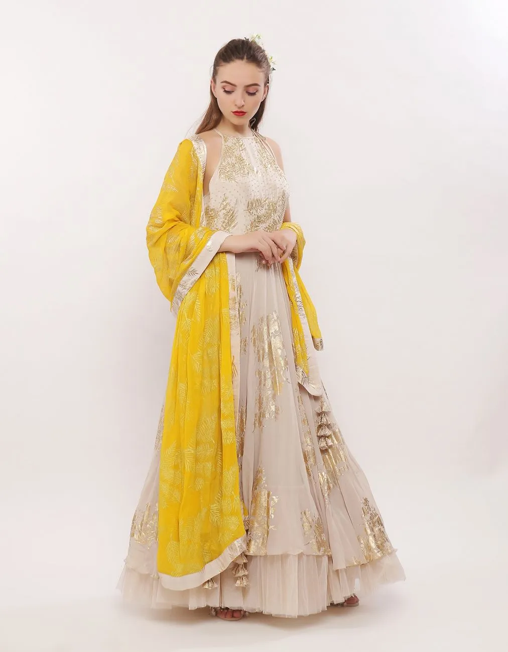 Ivory-Gold Leaf Motif Anarkali