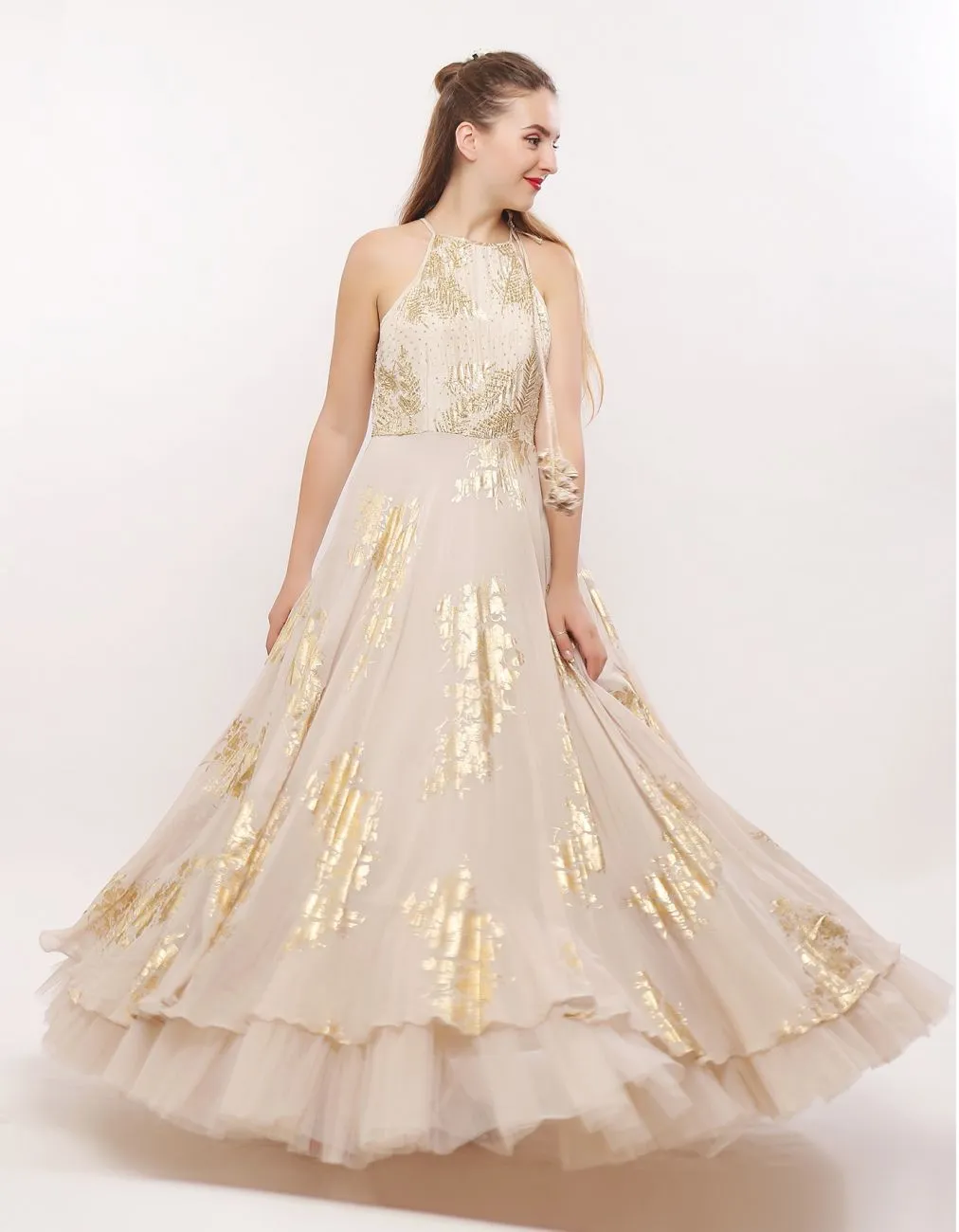 Ivory-Gold Leaf Motif Anarkali