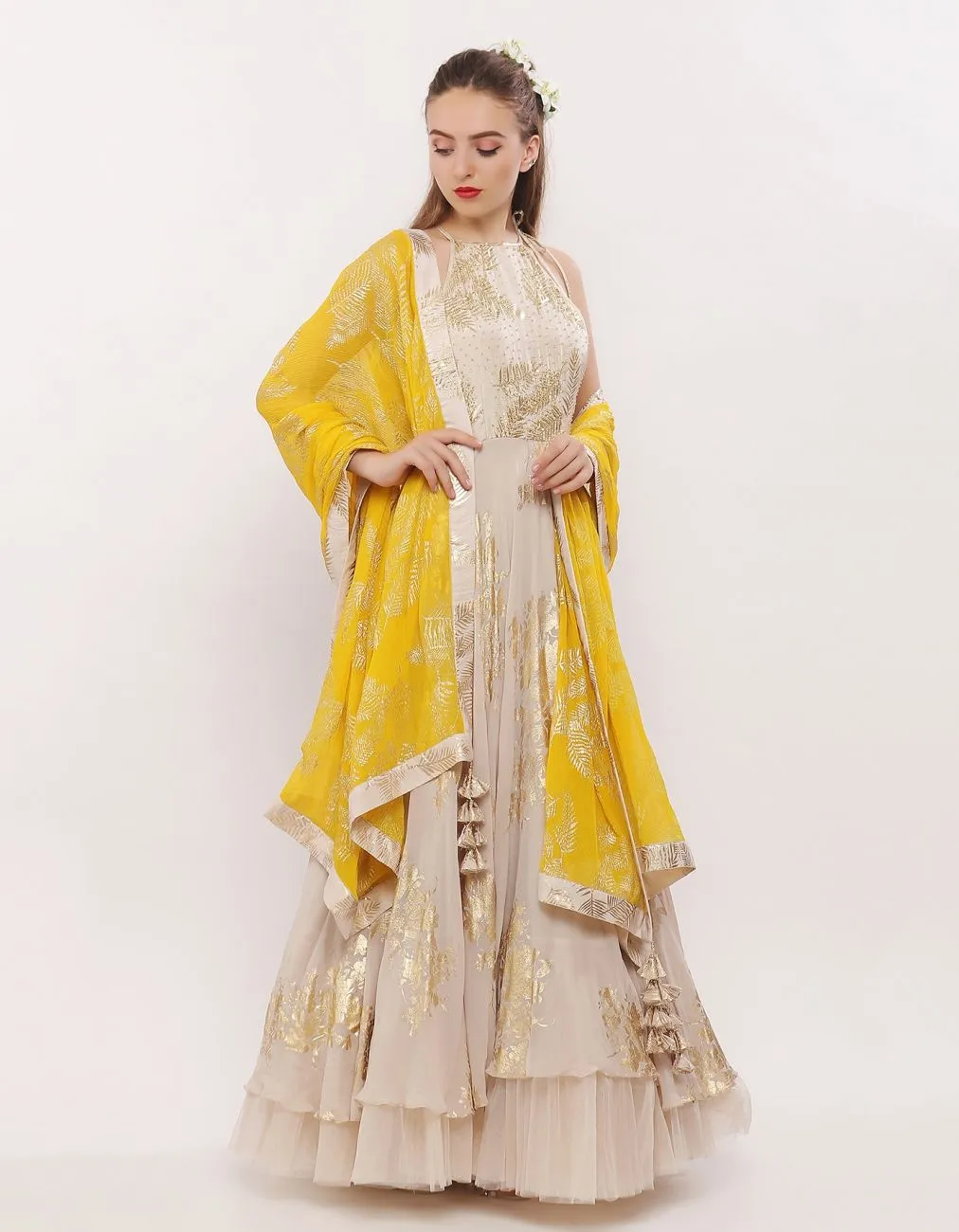 Ivory-Gold Leaf Motif Anarkali