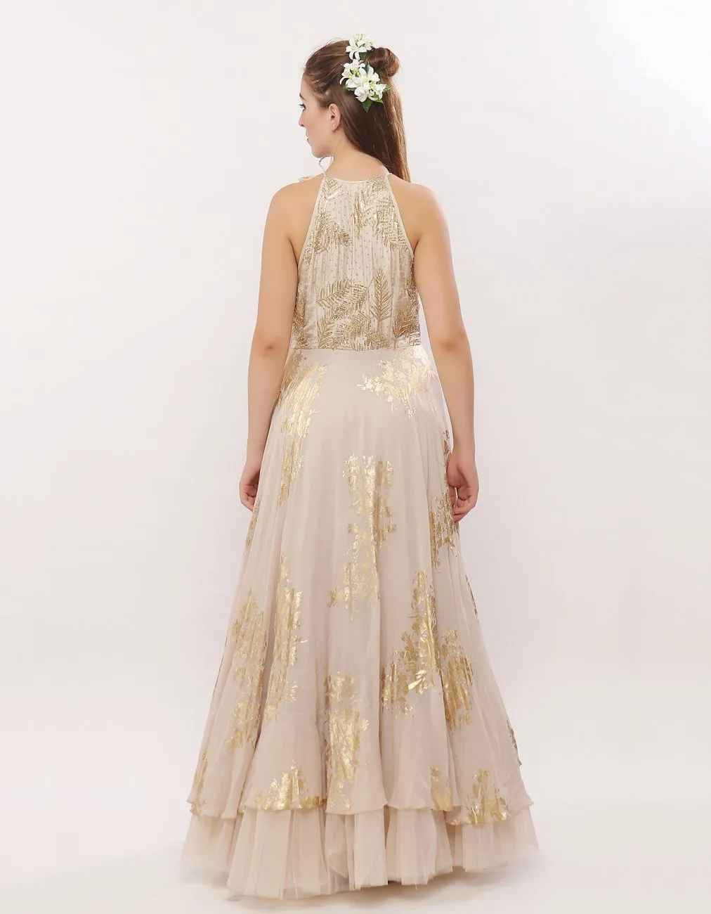 Ivory-Gold Leaf Motif Anarkali