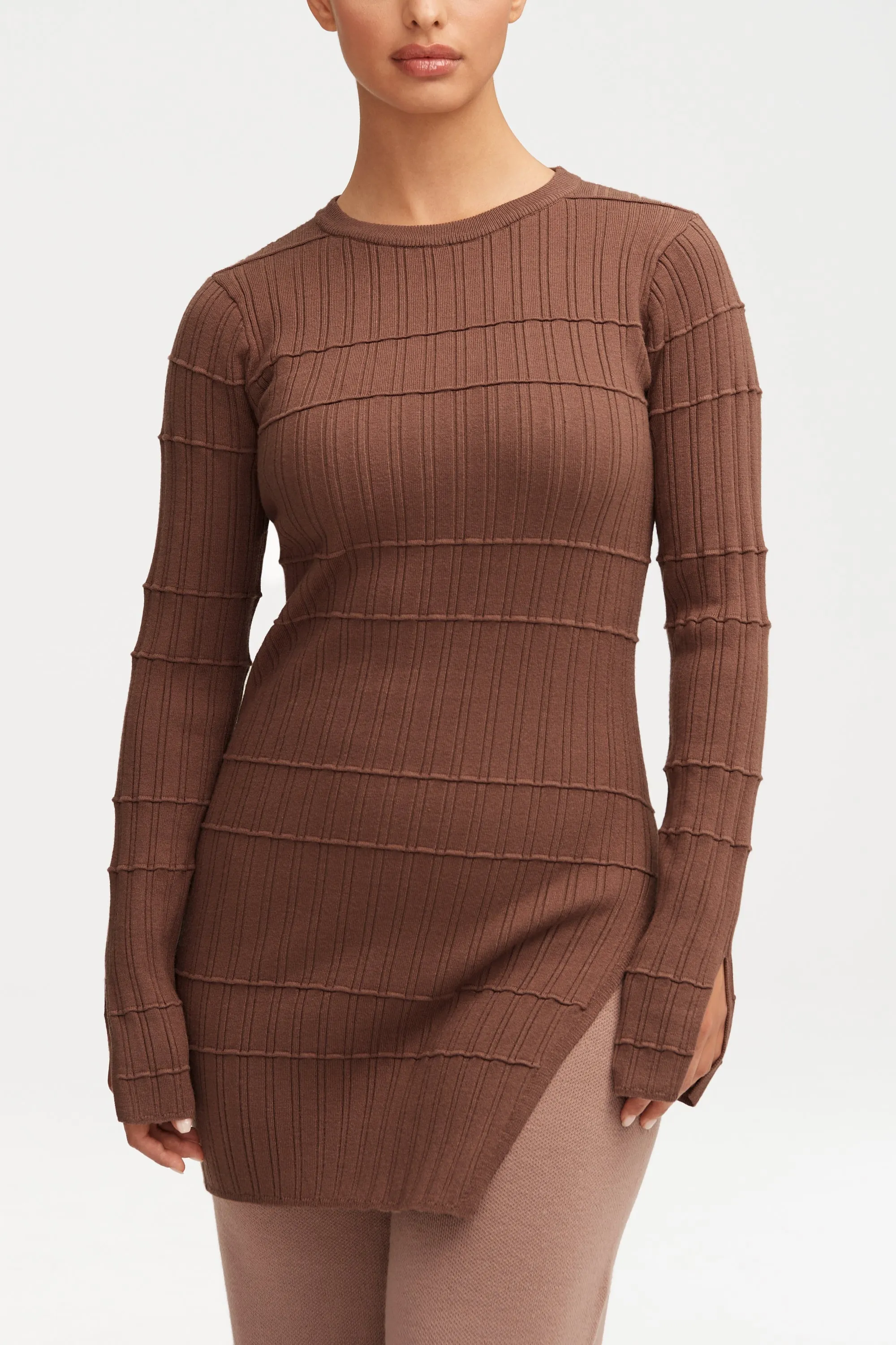 Milano Ribbed Knit Split Hem Top - Brown