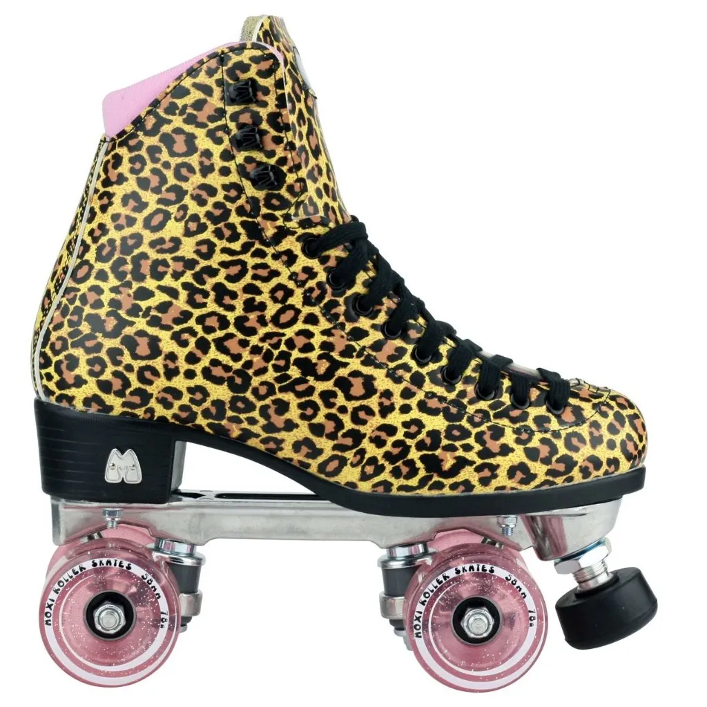 Moxi Jungle Leopard Skates (w/ Pink cuff and Pink Juicy Wheels)