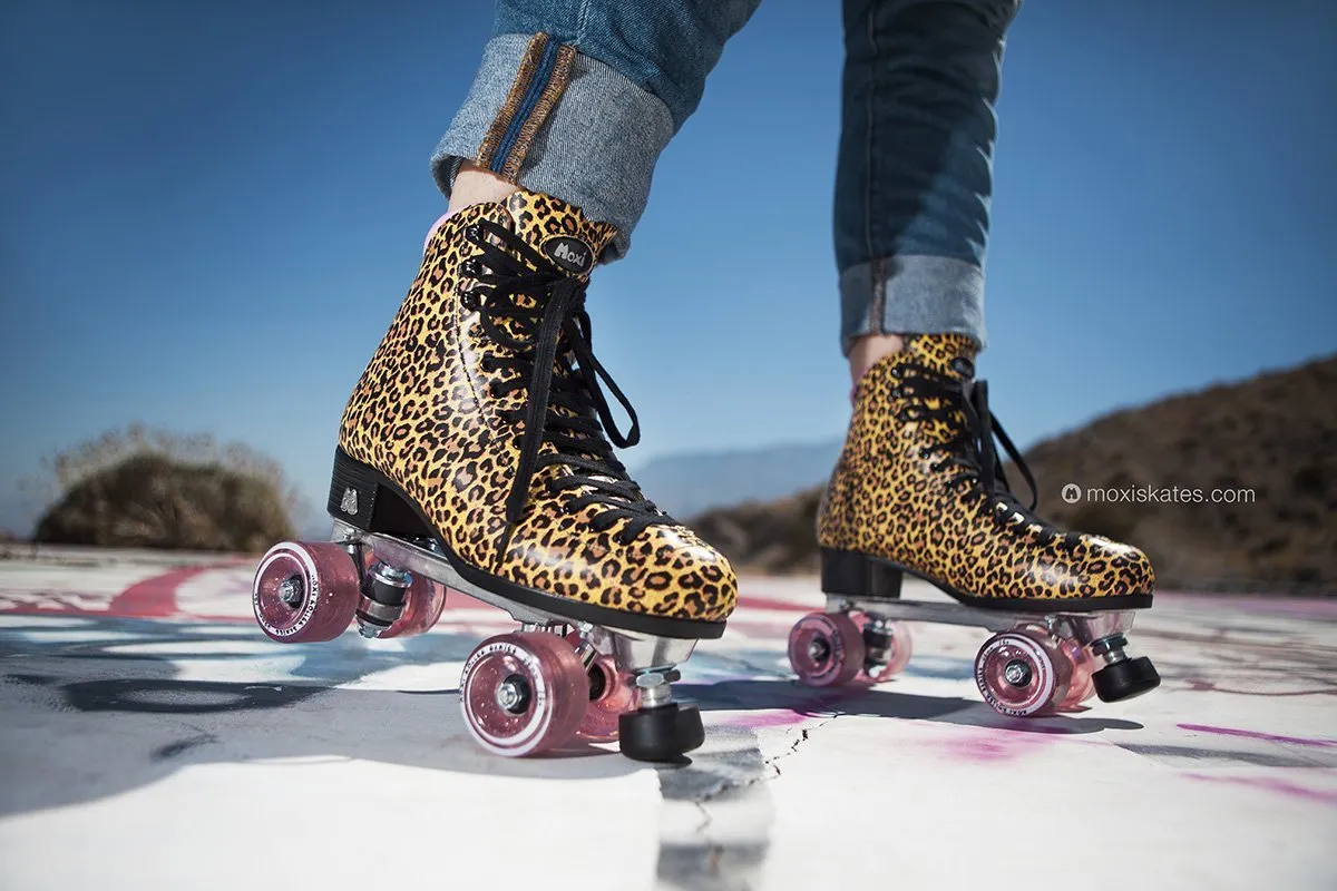 Moxi Jungle Leopard Skates (w/ Pink cuff and Pink Juicy Wheels)