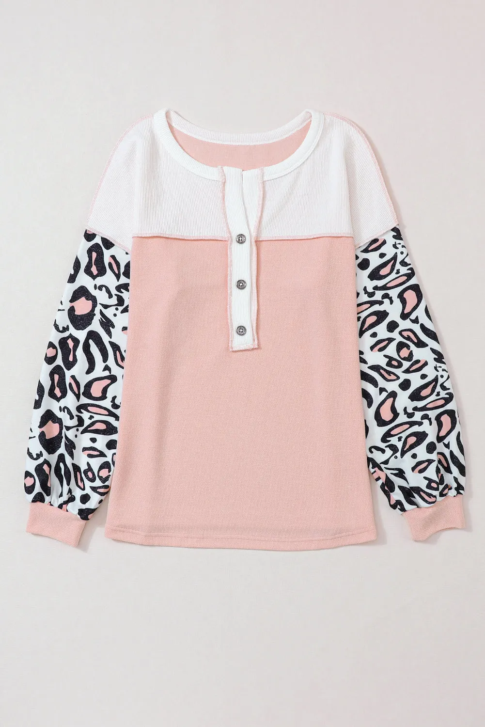 Pink Leopard Sleeve Patchwork Waffle Knit Top