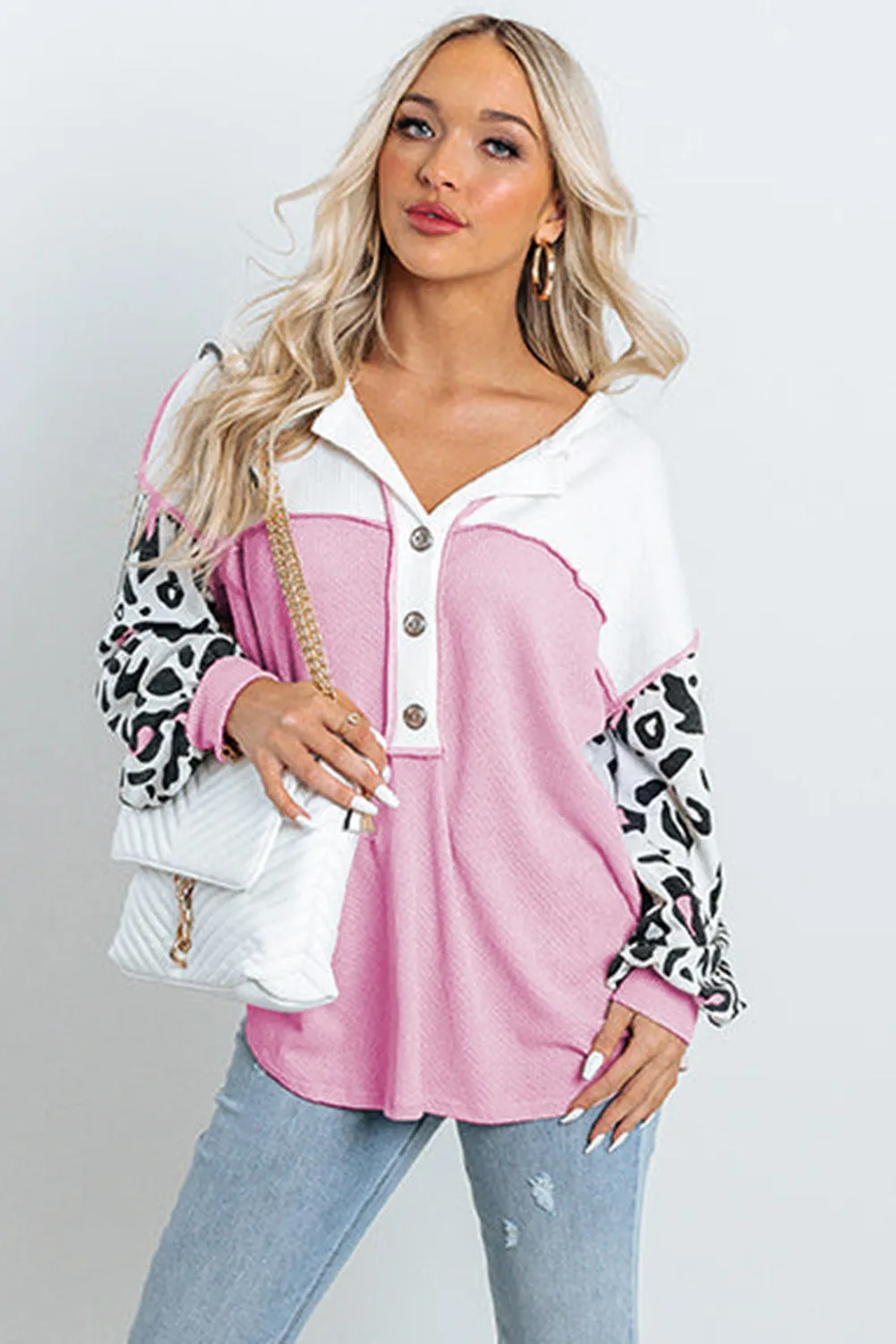 Pink Leopard Sleeve Patchwork Waffle Knit Top