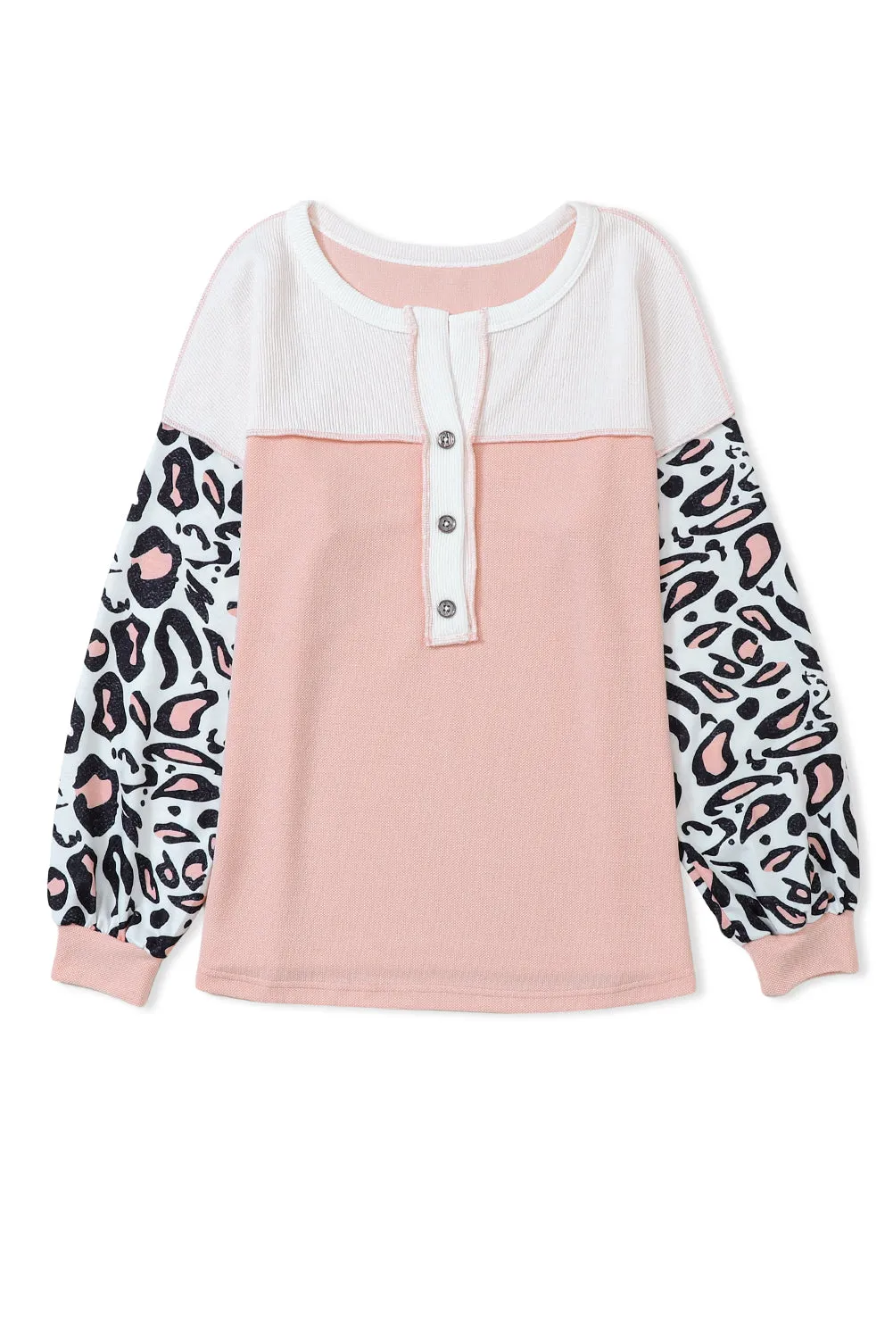 Pink Leopard Sleeve Patchwork Waffle Knit Top