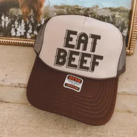 "Eat Beef" Foam Rope Trucker Cap in Tan & Brown