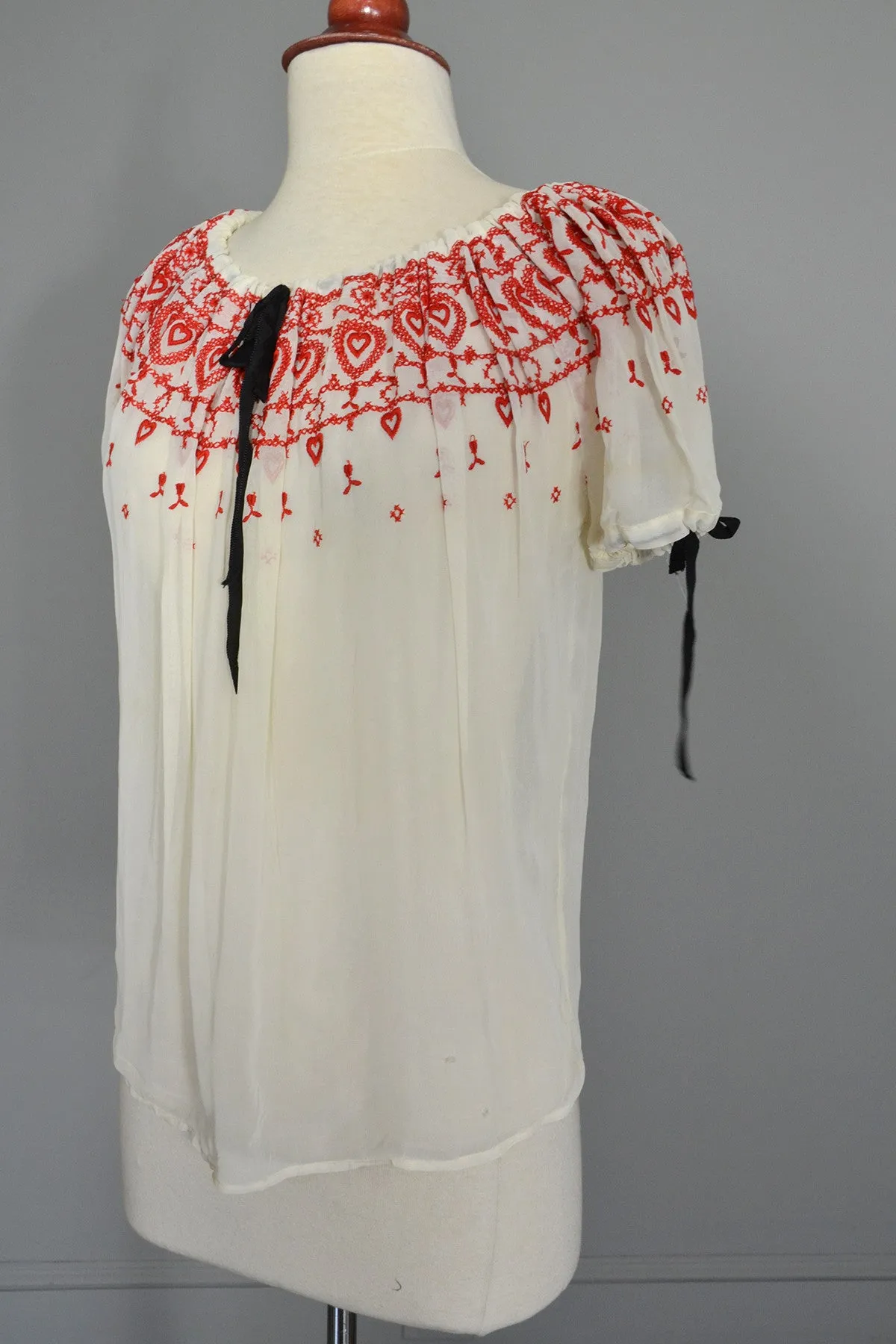 Red Hearts on Pearly White Nylon Chiffon Peasant Top