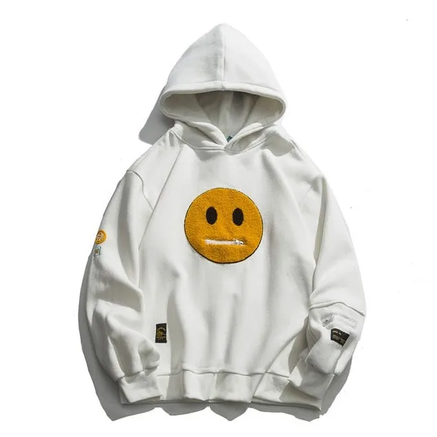 Smiley Patchwork Fleece Hoodies with Zipper Pocket