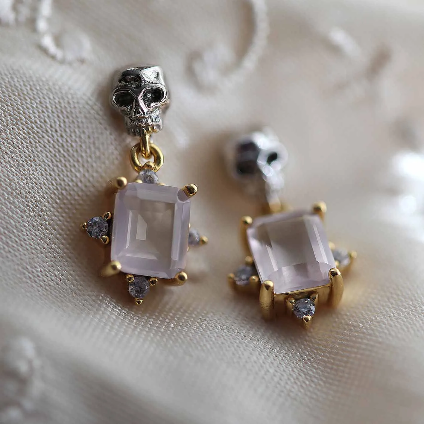 STAR CROSSED LOVERS. Rose Quartz & Skull Earrings - Gold