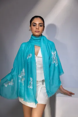 Turquoise Blue Shawl, Pure Pashmina Shawl with hand embroidery white butterflies