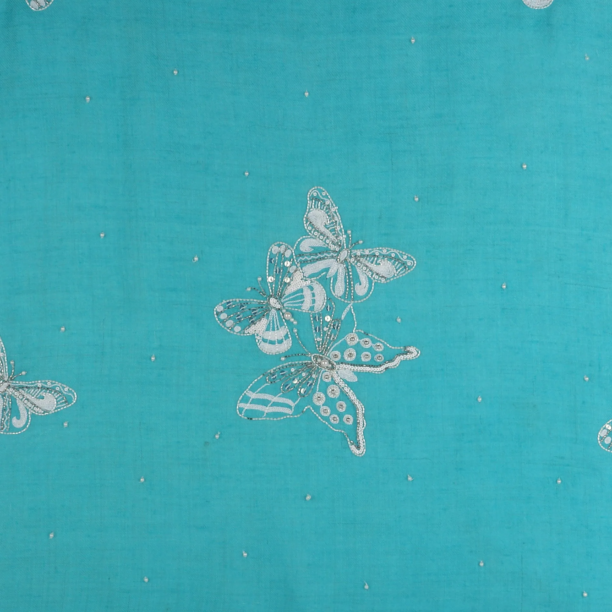 Turquoise Blue Shawl, Pure Pashmina Shawl with hand embroidery white butterflies