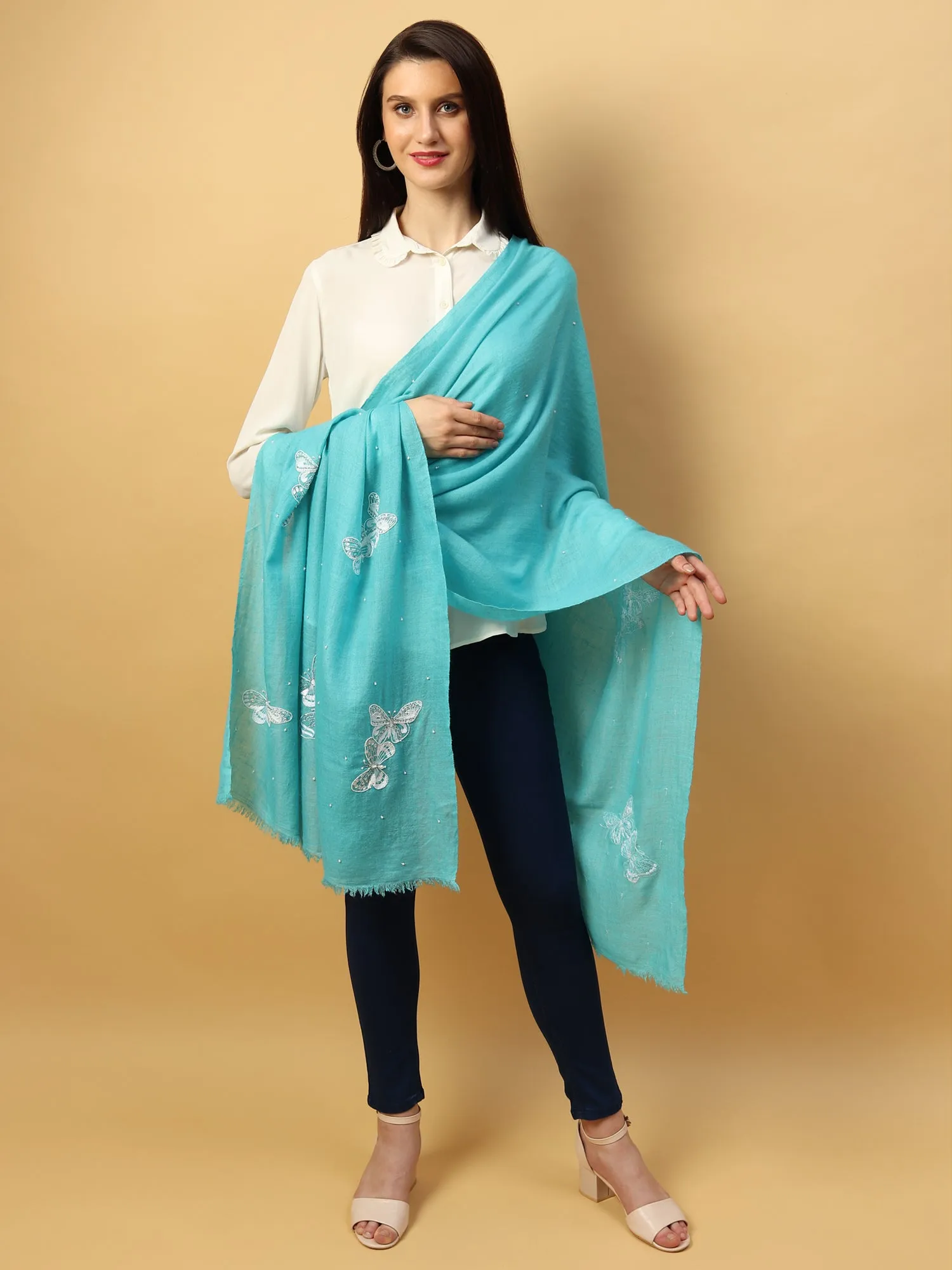 Turquoise Blue Shawl, Pure Pashmina Shawl with hand embroidery white butterflies