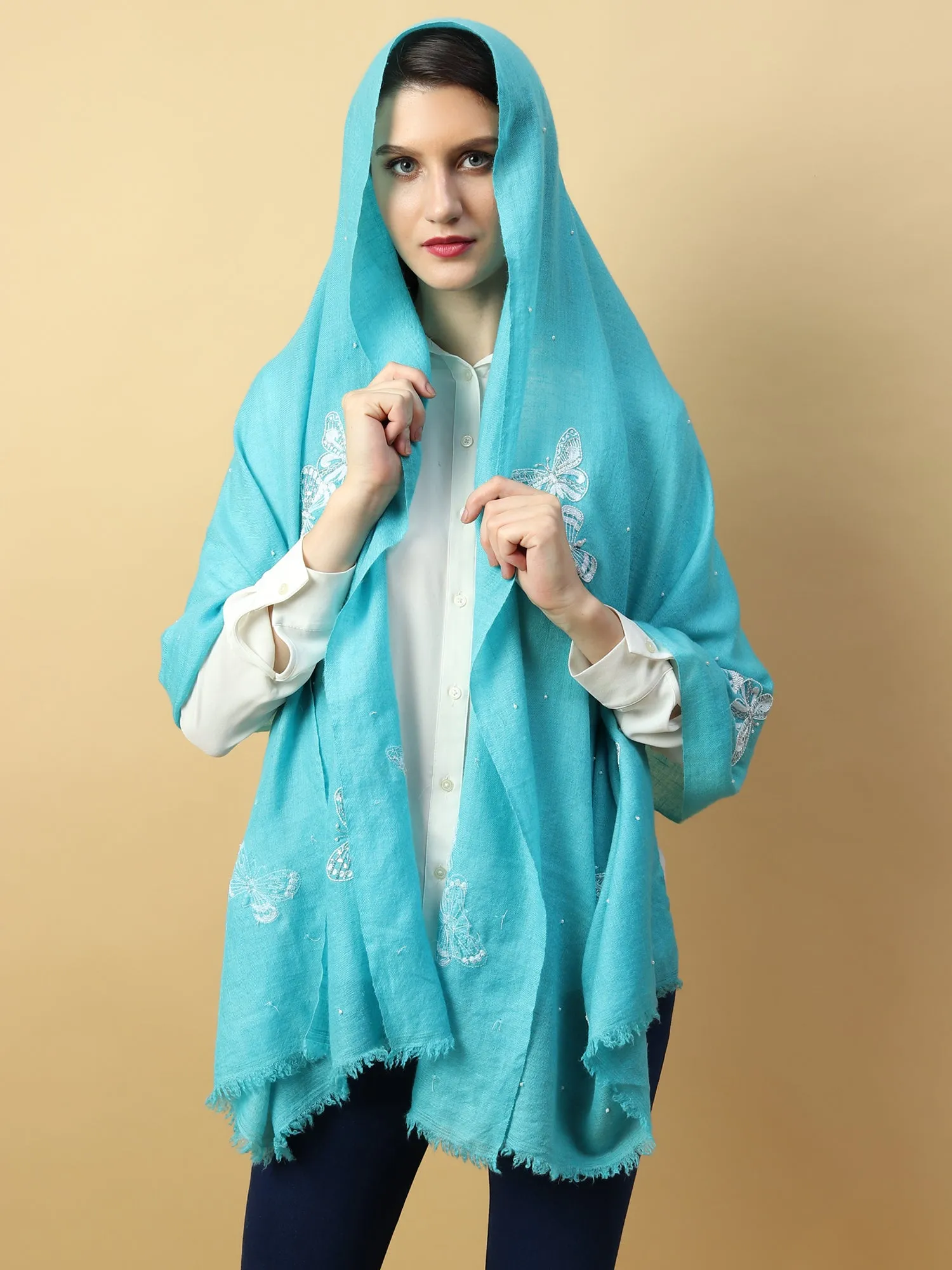 Turquoise Blue Shawl, Pure Pashmina Shawl with hand embroidery white butterflies