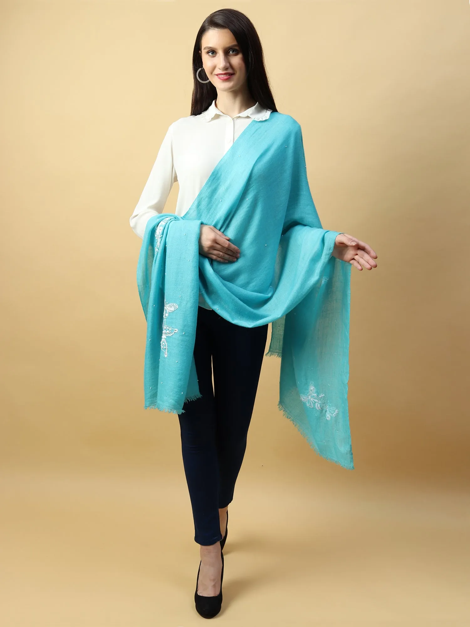 Turquoise Blue Shawl, Pure Pashmina Shawl with hand embroidery white butterflies