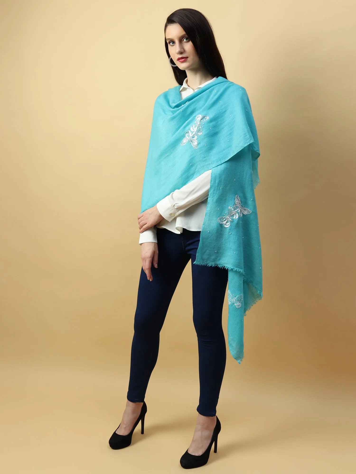 Turquoise Blue Shawl, Pure Pashmina Shawl with hand embroidery white butterflies