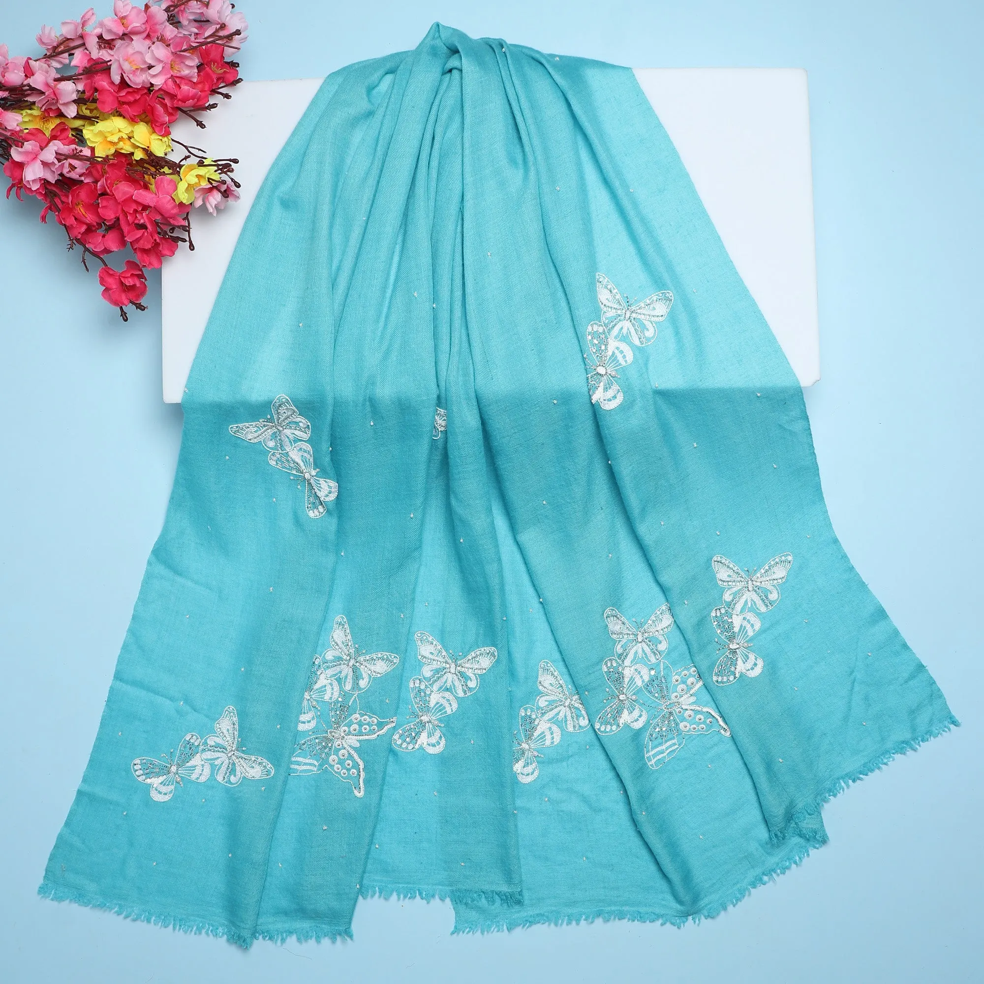 Turquoise Blue Shawl, Pure Pashmina Shawl with hand embroidery white butterflies