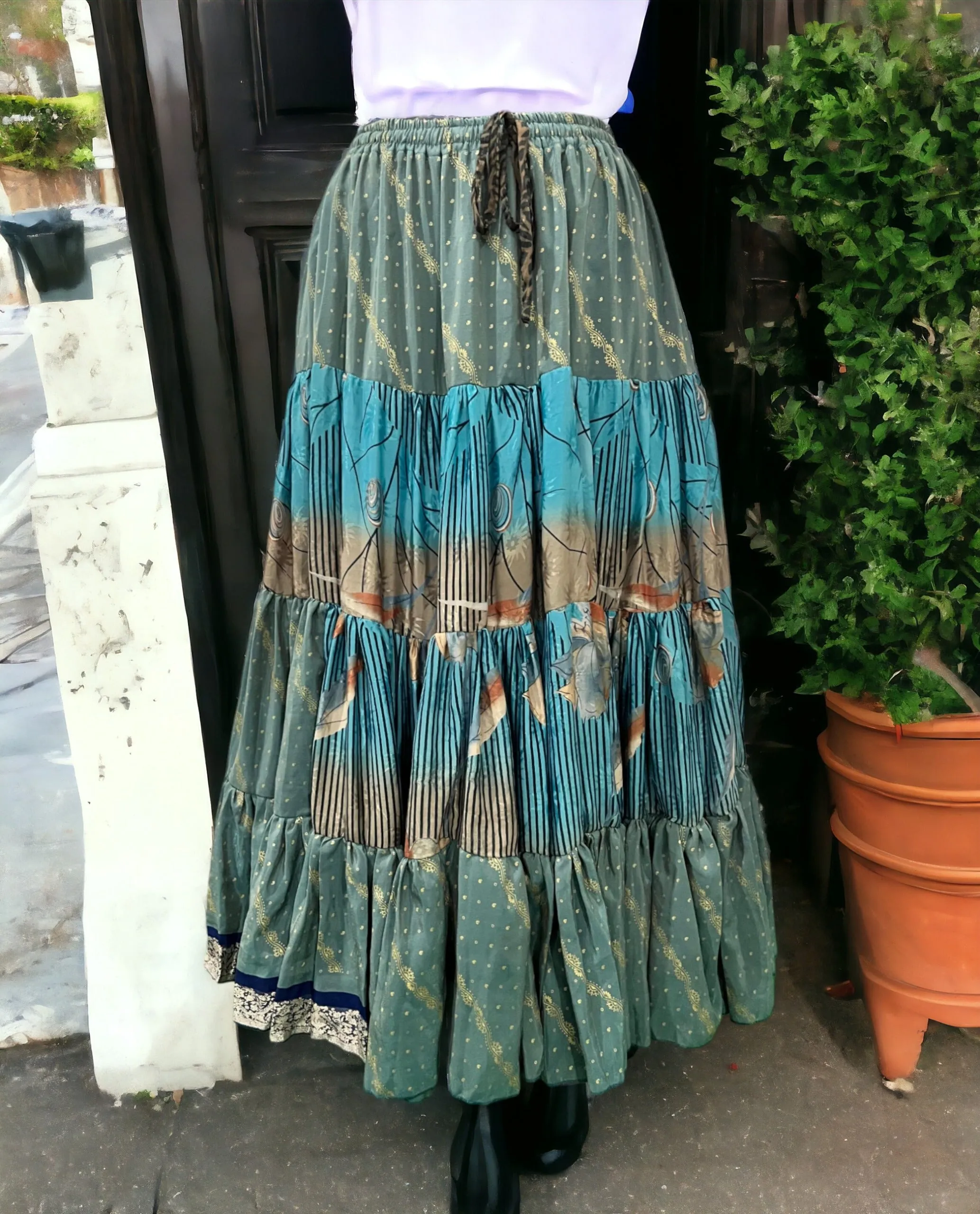 Vintage silk sari Belly Dance Frill Skirt Boho Fashion Women Beach Long Skirt Gypsy Hippie