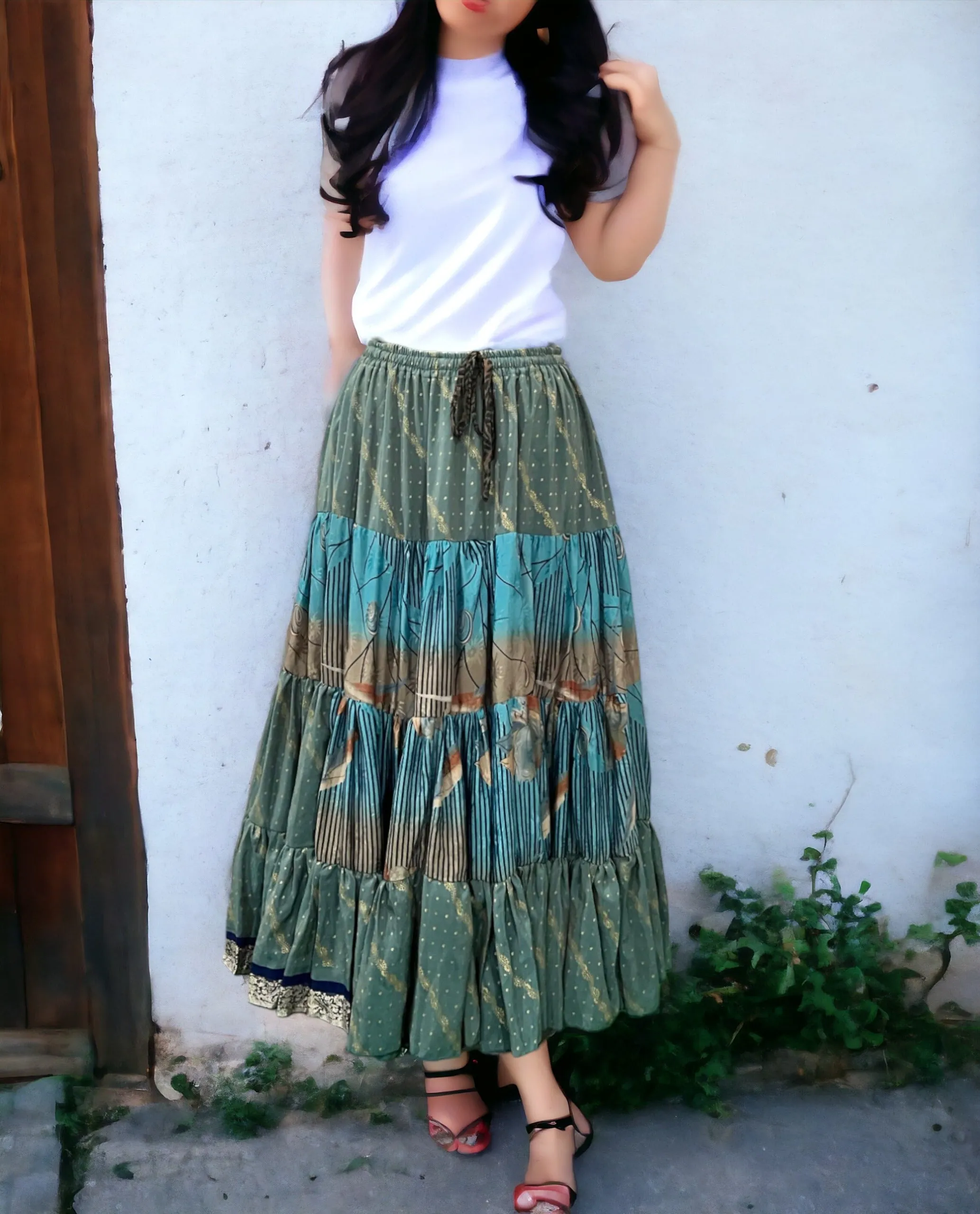 Vintage silk sari Belly Dance Frill Skirt Boho Fashion Women Beach Long Skirt Gypsy Hippie