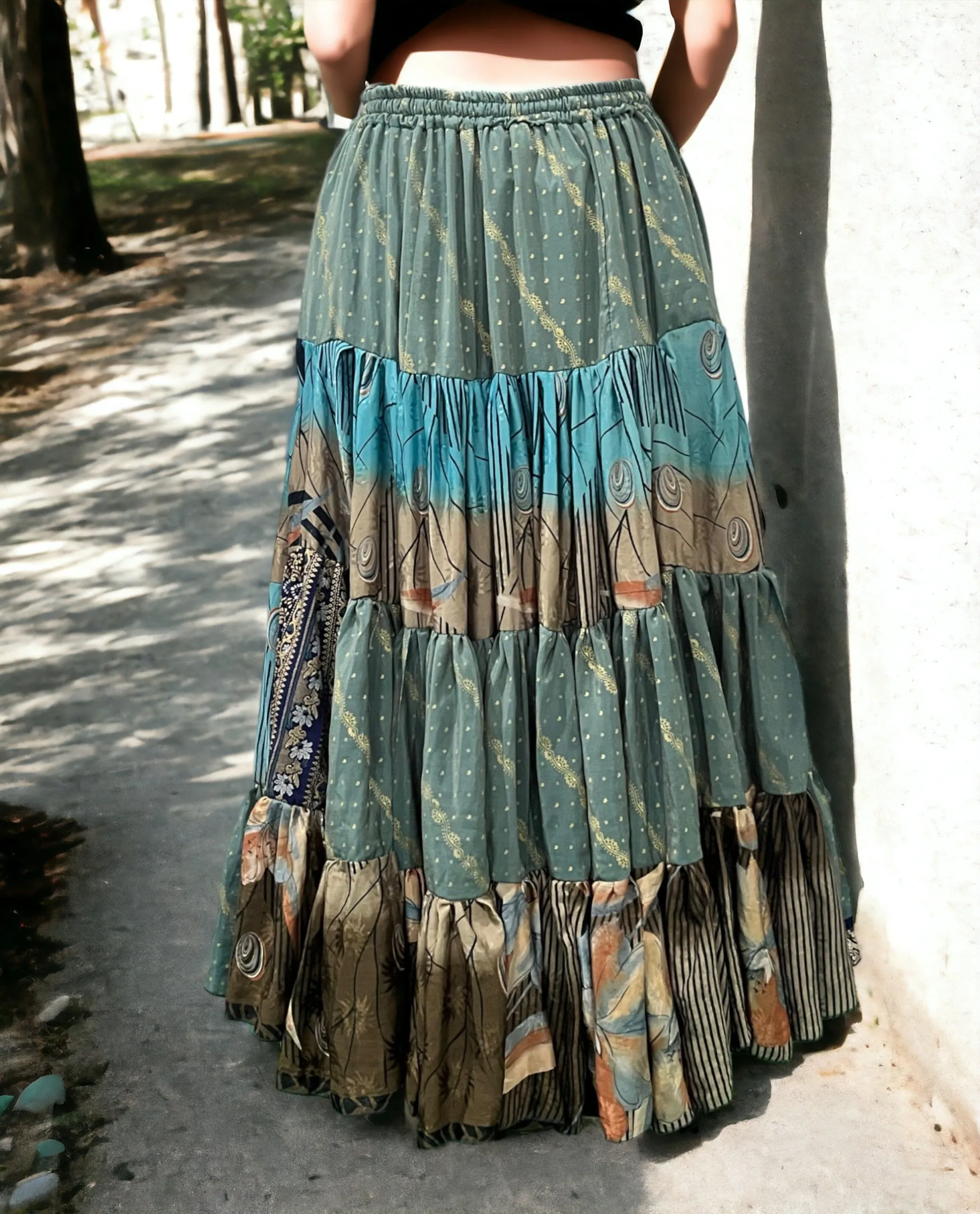 Vintage silk sari Belly Dance Frill Skirt Boho Fashion Women Beach Long Skirt Gypsy Hippie