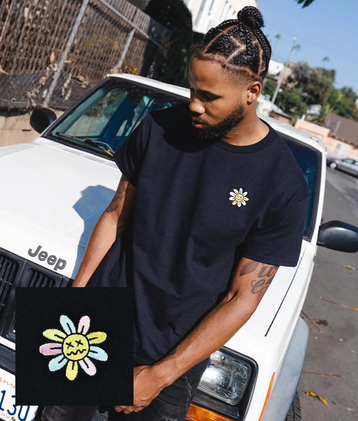 Woozy Face Flower Embroidered Mens T-Shirt